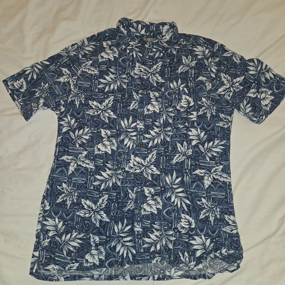 Campia Moda Shirt Mens Large Blue Leaves Short Sleeve Button Dwn Cotton Hawaiian